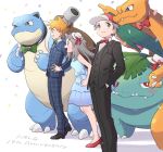  anniversary black_suit blastoise blue_dress blue_oak blue_suit bow bowtie charizard confetti dress formal grey_eyes grey_hair highres leaf_(pokemon) medium_hair orange_hair pokemon pokemon_(game) pokemon_frlg pumpkinpan red_(pokemon) short_hair spiked_hair suit venusaur 