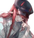  1girl :p akanbe arknights bangs black_headwear blunt_bangs blush collared_shirt fangs hemorina highres horns horns_through_headwear long_hair long_sleeves looking_at_viewer necktie pointy_ears red_eyes red_hair red_necktie shirt solo tongue tongue_out upper_body very_long_hair vigna_(arknights) white_shirt 