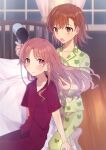  2girls animal_print arms_at_sides bed bedroom blush brown_eyes brown_hair closed_mouth collarbone expressionless frog_print gekota green_pajamas hair_down hair_dryer hands_up highres holding holding_another&#039;s_hair holding_hair_dryer long_hair looking_at_another misaka_mikoto multiple_girls night one_knee open_mouth pajamas pillow purple_pajamas roruku shirai_kuroko short_hair short_sleeves sitting sleepwear standing toaru_kagaku_no_railgun toaru_majutsu_no_index window wooden_floor 