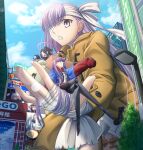  1boy 2girls bandage_over_one_eye bandaged_arm bandages bird black_hair blue_bow blue_bowtie blue_eyes bow bowtie brown_coat city coat crossed_legs fate/grand_order fate_(series) giant giantess hair_rings halo highres kingprotea_(fate) lamppost long_hair meltryllis_(fate) meltryllis_(tour_outfit)_(fate) midriff multiple_girls penguin prosthesis prosthetic_leg purple_eyes purple_hair shoori_(migiha) sleeves_past_fingers sleeves_past_wrists taisui_xingjun_(fate) very_long_hair 