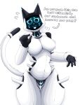  5_fingers absurd_res android anthro anthrofied big_butt blue_eyes breasts butt dialogue exposed_breasts felid feline female fingers genitals hi_res kerfus led_light machine mammal nervous nervous_smile question raised_tail robot screen screen_face sketchy_protogen solo tail talking_to_viewer thick_thighs white_body 