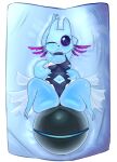  absurd_res blue_body breasts clothing collar female fluffolio frill_(anatomy) hi_res looking_at_viewer mammal navel one_eye_closed purple_eyes rain_world rivulet_(rain_world) slugcat_(rain_world) solo tail thick_tail thick_thighs 