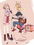  1boy 1girl :d acoustic_guitar ahoge amplifier ash_ketchum bangs blue_ribbon cable cardigan closed_eyes clothed_pokemon collared_shirt commentary_request guitar highres instrument maracas microphone microphone_stand mn_(lkl39372002) neck_ribbon open_cardigan open_clothes open_mouth pants pikachu pleated_skirt poke_ball_print pokemon pokemon_(anime) pokemon_(creature) pokemon_xy_(anime) red_footwear red_skirt ribbon serena_(pokemon) shirt shoes short_sleeves sitting skirt smile socks standing tongue white_shirt 