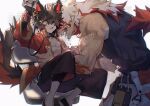  aak_(arknights) anthro arknights bodily_fluids canid canine canis domestic_cat domestic_dog duo ear_piercing felid feline felis hi_res hung_(arknights) hypergryph in_heat male male/male mammal open_mouth piercing size_difference studio_montagne sweat sweatdrop tattoo xxxxnil 