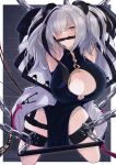  1girl absurdres animal_ears arknights armpits arms_behind_back arms_up bdsm bear_ears bit_gag black_hair blush bondage bound breasts chain chained china_dress chinese_clothes cleavage cleavage_cutout clothing_cutout dress feater_(arknights) gag grey_hair hair_over_one_eye highres kneeling large_breasts looking_at_viewer multicolored_hair ohichi16 red_eyes signature solo spreader_bar streaked_hair sweat thick_eyebrows thigh_strap two-tone_hair v-shaped_eyebrows vibrator_cord 