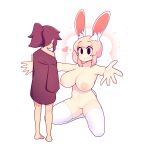  1boy 1girl animal_ears bangs black_eyes blonde_hair breasts brown_hair brown_shirt cleft_of_venus commentary english_commentary fiz_(fizintine) fizintine hair_bun heart highres kneeling large_breasts navel nipples nude original pussy rabbit_ears rabbit_girl rabbit_tail shirt size_difference smile sparkle tail thighhighs uncensored white_background white_thighhighs 