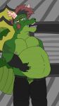  9:16 alligator alligatorid anthro belly claws crocodile crocodilian crocodylid dragon gator_(streamer) green_body hair hi_res horn hybrid invader_(invaderthegator) invaderthegator lizard looking_at_viewer male overweight pubes reptile scalie simple_background solo teeth tongue 