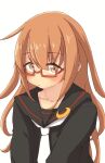  1girl black_sailor_collar black_serafuku blush brown_eyes brown_hair closed_mouth crescent crescent_pin glasses hair_between_eyes highres kantai_collection long_hair long_sleeves mochizuki_(kancolle) necktie po0000000000 sailor_collar school_uniform serafuku white_background white_necktie 