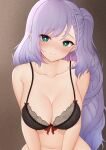  1girl absurdres black_bra blush bra braid breasts cleavage earrings gold_earrings green_eyes grey_hair highres hololive hololive_indonesia honon jewelry lace-trimmed_bra lace_trim large_breasts long_hair looking_at_viewer navel pavolia_reine single_braid smile solo underwear virtual_youtuber 