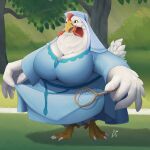  2023 anthro avian barefoot beak bird blue_clothing chicken claws clothed clothing disney draconder dress feathers feet female galliform gallus_(genus) grass hi_res holding_clothing holding_dress holding_object holding_racket lady_kluck open_mouth outside overweight overweight_female phasianid plant racket robin_hood_(disney) signature solo standing tail_feathers toe_claws tree white_body white_feathers 