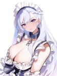  1girl absurdres azur_lane belfast_(azur_lane) braid breasts broken chain cleavage french_braid frilled_gloves frills gloves highres large_breasts long_hair low_neckline maid maid_headdress purple_eyes raiou solo white_background white_hair 