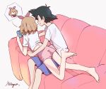  1boy 1girl ash_ketchum bangs bare_legs barefoot black_hair bow_hairband commentary_request couch hairband handheld_game_console highres holding holding_handheld_game_console lying lying_on_another mn_(lkl39372002) nintendo_switch on_stomach parted_lips pink_hairband pink_shorts pokemon pokemon_(anime) pokemon_xy_(anime) serena_(pokemon) shirt short_hair short_sleeves shorts signature smile spoken_character t-shirt toes white_background white_shirt 