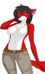  alfa_wolf10! anthro belt black_hair bottomwear breasts canid canine canis cargo_pants chest_tattoo clothing female flare_rains fur green_eyes hair hi_res mammal multicolored_body pants red_body red_fur red_wolf solo tattoo two_tone_body white_body white_fur wolf 