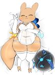  2_toes 3_fingers clothing eyes_closed feet female fingers fluffolio gourmand_(rain_world) happy hi_res legwear mammal orange_body rain_world slightly_chubby slightly_chubby_female slugcat_(rain_world) solo stockings tail thick_tail thick_thighs toes 