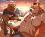  2023 anthro bear belly big_belly bottomwear clothing cloud detailed_background duo eyes_closed eyewear food glasses hi_res hon55728 hoodie kemono male mammal one_eye_closed outside overweight overweight_male shirt shorts sitting sun topwear water 