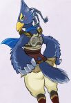  anthro armor avian bird blue_body blue_feathers braided_hair breath_of_the_wild butt feathers green_eyes hair looking_back male nintendo revali rito scarf sheep_riritoto simple_background solo the_legend_of_zelda 