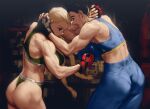  2girls adidas ahoge ass back battle biceps black_gloves black_hair blonde_hair bloom blue_sports_bra braid breasts cammy_white chun-li clenched_teeth cowboy_shot determined double_bun english_commentary face-to-face fingerless_gloves fingernails flying_sweatdrops from_side gloves grapple green_sports_bra hair_bun hair_ribbon hand_around_neck huge_breasts indoors infi large_breasts looking_at_breasts multiple_girls open_mouth pants poster_(object) red_gloves ribbon shouting sports_bra sports_panties sportswear stomach street_fighter surprised teeth thighs thong training twin_braids yoga_pants 