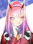  1girl akanbe bangs darling_in_the_franxx eyelashes green_eyes hair_between_eyes hairband highres horns jacket jun_(12107973) long_hair long_sleeves looking_to_the_side nail_polish oni_horns pink_hair pink_nails red_horns red_jacket solo tongue tongue_out uniform upper_body white_hairband zero_two_(darling_in_the_franxx) 