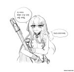  1girl artist_name bangs breasts coat commentary_request crossed_bangs dated girls&#039;_frontline gloves gun hair_between_eyes hair_ornament hairclip holding holding_gun holding_weapon iws_2000_(girls&#039;_frontline) korean_commentary korean_text large_breasts long_hair looking_at_viewer madcore military_coat monochrome open_mouth simple_background smile solo steyr_iws_2000 translation_request upper_body weapon white_background 