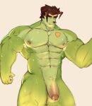  big_muscles brown_hair chesnaught generation_6_pokemon genitals green_body green_skin hair hi_res humanoid looking_at_viewer male marcelo_solava muscular nintendo nude penis pokemon pokemon_(species) shield smile solo tattoo 