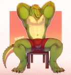  2020 absurd_res anthro barefoot belly_scales bottomwear bulge chair clothing crocodile crocodilian crocodylid digital_media_(artwork) feet furniture green_body green_scales hands_behind_head hi_res male muscular muscular_anthro muscular_arms muscular_male navel neck_ridge nipples non-mammal_navel non-mammal_nipples on_chair red_bottomwear red_clothing red_shorts reptile scales scalie seductive shorts signature sitting sitting_on_chair solo tail tail_ridge xeoniios yellow_body yellow_eyes yellow_scales 