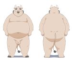  2023 anthro balls belly big_belly blush bovid bovine butt cattle facial_piercing flaccid genitals ginsingoo1 hi_res kemono male mammal moobs navel nipples nose_piercing nose_ring overweight overweight_male penis piercing ring_piercing small_penis solo 
