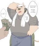  2023 anthro belly big_belly blush bottomwear bovid bovine cattle clothing dialogue duo english_text facial_piercing ginsingoo1 humanoid_hands kemono male mammal money nose_piercing nose_ring overweight overweight_male pants piercing ring_piercing shirt solo_focus text topwear towel towel_around_neck 