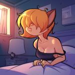  1:1 2022 anthro beauty_mark bedhead breasts cassandra_(psicoyote) cleavage clothed clothing domestic_cat felid feline felis female hair hair_over_eye hi_res mammal markings mole_(marking) mole_on_breast one_eye_obstructed psicoyote solo under_covers waking_up 