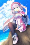  1girl absurdres bangs black_thighhighs blue_eyes breasts cape cloud cloudy_sky curly_hair dlllll_lllllb full_body gloves hat head_wings highres looking_at_viewer melia_antiqua ocean rock sitting_on_rock sky solo thighhighs white_footwear white_gloves xenoblade_chronicles_(series) xenoblade_chronicles_1 