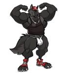  absurd_res anthro black_body black_fur bulge canid canine canis clothing darknaigart flexing footwear fur hat headgear headwear hi_res jockstrap male mammal muscular muscular_anthro muscular_male shirt shoes simple_background solo tank_top toeless_footwear toeless_shoes topwear underwear white_background wolf 