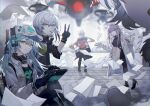  1boy 4girls absurdres antonina_(girls&#039;_frontline_nc) aqua_hair bangs baseball_cap black_gloves black_jacket blonde_hair boots breasts candy closed_mouth commentary_request croque_(girls&#039;_frontline_nc) food from_behind from_side full_body girls&#039;_frontline_neural_cloud gloves grey_hair hair_between_eyes hair_ornament hairclip hat headphones high_heel_boots high_heels highres holding jacket labcoat large_breasts lollipop long_hair looking_at_viewer mask mask_around_neck medium_hair multiple_girls open_mouth orange_jacket paper persicaria_(girls&#039;_frontline_nc) ponytail simo_(girls&#039;_frontline_nc) sol_(girls&#039;_frontline_nc) standing sye v waving white_headwear white_jacket yellow_eyes 