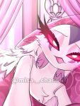  anthro avian bed bedding bird blanket clothing detailed_background eyelashes female fur furniture hair helluva_boss long_eyelashes long_hair looking_at_viewer lying misachan56 on_side owl owl_demon pajamas pillow pink_blanket pink_eyes pink_pillow solo stella_(helluva_boss) tired waking_up white_body white_fur white_hair 