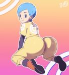  1girl animated animated_gif ass ass_shake blue_hair bouncing_ass bulma closed_mouth d-art dragon_ball dragon_ball_super dragon_ball_super_super_hero eyebrow_twitching highres jumpsuit kneeling looking_at_viewer looking_back short_hair smile solo thick_thighs thighs twerking yellow_jumpsuit 