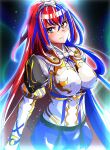  1girl alear_(female)_(fire_emblem) alear_(fire_emblem) armor bangs blue_eyes blue_hair braid breasts crossed_bangs crown_braid fire_emblem fire_emblem_engage heterochromia highres jewelry long_hair medium_breasts multicolored_hair puffy_sleeves red_eyes red_hair smile solo split-color_hair tiara to_(tototo_tk) two-tone_hair very_long_hair 