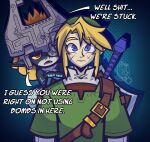  absurd_res blonde_hair clothing duo female green_clothing green_robe hair hi_res human humanoid imp link male male/female mammal melee_weapon midna nintendo robe shield short_stack sword the_legend_of_zelda trapped twilight_princess weapon yellowcyann 