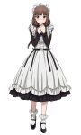  1girl absurdres alternate_costume ankle_socks apron bangs bare_legs black_bow black_dress black_footwear blunt_bangs blush bobby_socks bow brown_eyes brown_hair clutching_chest dress frilled_dress frilled_sleeves frills full_body highres holding holding_tray iino_miko kaguya-sama_wa_kokurasetai_~tensai-tachi_no_renai_zunousen~ looking_at_viewer low_twintails maid maid_apron maid_headdress metaminegl ribbon socks solo spanish_commentary tray twintails white_background white_socks 