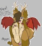  absurd_res anthro antlers anus balls barefoot bodily_fluids butt canid canine capreoline claws deer dernier_(notsafeforvee) dialogue digital_media_(artwork) ear_piercing english_text feet foot_fetish foot_focus fox fur genitals hair hair_over_eye hi_res horn humanoid_feet hybrid inner_ear_fluff looking_at_viewer male mammal nipples notsafeforvee nude one_eye_obstructed open_mouth penis piercing plantigrade red_eyes simple_background soles solo sweat sweaty_feet tail text toe_claws toes tuft wings 