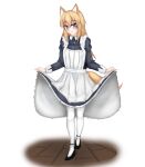  1girl absurdres abukumacl alternate_costume animal_ears blonde_hair blue_eyes blush copyright_name enmaided fang full_body girls&#039;_frontline high_heels highres long_hair m500_(girls&#039;_frontline) maid smile solo tail thighhighs white_thighhighs 