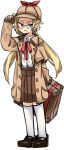  1girl :&lt; black_survival blonde_hair blue_eyes bow bowtie brown_coat brown_footwear brown_headwear brown_skirt buttons coat collared_shirt commentary_request deerstalker flat_chest full_body glaring glasses hand_on_headwear hat hat_bow kneehighs long_hair long_sleeves looking_to_the_side nicky_blake open_clothes open_coat pleated_skirt red_bow red_bowtie rinyamame shirt shirt_tucked_in shoes simple_background skirt socks solo standing suitcase v-shaped_eyebrows white_background white_shirt white_socks 