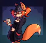  2022 anthro baseball_cap beverage blep canid canine clothing coffee eyewear female fox gesture glasses goth green_eyes hand_in_pocket hat headgear headwear hi_res mammal midriff navel pockets pointing psicoyote solo tongue tongue_out veronica_(psicoyote) 