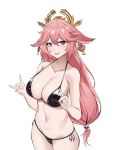  1girl :d absurdres animal_ears azmi_yudista bare_arms bare_shoulders bikini black_bikini breasts commentary cowboy_shot fox_ears genshin_impact hair_between_eyes highres large_breasts long_hair looking_at_viewer low-tied_long_hair navel open_mouth pink_hair purple_eyes simple_background smile solo standing stomach swimsuit very_long_hair white_background yae_miko 