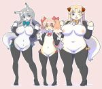  2021 anthro big_breasts blonde_hair blue_eyes bow_ribbon breasts canid canine canis chest_tuft clothing costume domestic_dog female flat_chested footwear fur genitals green_eyes grey_body grey_fur grey_hair group hair hi_res high_heels ineffective_clothing itou_sora kemono kin-shun mai_(kin-shun) mammal moco_(kin-shun) nipples one_eye_closed open_mouth open_smile pink_hair pink_nipples pussy red_eyes reverse_bunny_costume ribbons shirt_cuffs simple_background slightly_chubby smile tan_background trio tuft white_body white_fur wink yellow_body yellow_fur 