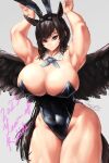  1girl animal_ears armpits artist_name bangs bare_shoulders black_hair breasts chinese_zodiac cleavage covered_navel cowboy_shot detached_collar fake_animal_ears feathered_wings highres horse_ears horse_girl horse_tail huge_breasts kurokoma_saki leotard long_hair looking_at_viewer muscular muscular_female pegasus_wings playboy_bunny rabbit_ears rabbit_pose red_eyes ribbon simple_background solo strapless strapless_leotard tail thick_thighs thighs touhou wings xseal3 year_of_the_rabbit 