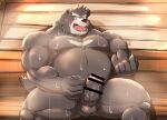  2023 anthro balls bear belly big_belly blush censored erection genitals hi_res humanoid_hands kemono male mammal mohumohudansi moobs musclegut nipples overweight overweight_male penis sauna sitting solo 