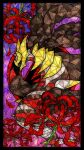  absurdres animal_focus black_border black_sclera border colored_sclera commentary_request flower from_side giratina giratina_(origin) gradient_background herari highres looking_at_viewer no_humans pokemon pokemon_(creature) profile purple_background red_eyes red_flower solo stained_glass 