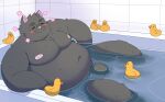  2023 anthro balls bathing bathtub belly big_belly black_body blush detailed_background domestic_cat eyes_closed felid feline felis flaccid genitals hi_res kemono male mammal moobs my_wet_muffin navel nipples overweight overweight_male penis pink_nose rubber_duck sitting solo 