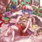  anger_vein ascot bat_wings bed blonde_hair blood blue_eyes blue_hair bow braid clothes_on_bed crystal dress empty_eyes flandre_scarlet grey_hair hair_bow hat highres izayoi_sakuya messy multiple_girls nosebleed open_mouth puffy_sleeves red_eyes remilia_scarlet restrained ribbon rightorisamraido3 short_hair short_sleeves skirt smile touhou twin_braids wallpaper_(object) wings 