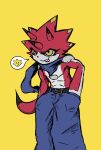  anthro bandai_namco betelgammamon blep bottomwear claws clothing denim denim_clothing digimon digimon_ghost_game hi_res horn jeans male mas_square pants red_body scalie scarf shirtless solo tongue tongue_out yellow_eyes 