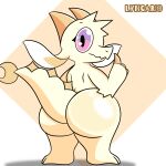  1:1 ambiguous_gender anthro big_butt butt butt_focus chikn_nuggit claws digital_media_(artwork) dragon fur fwench_fwy_(chikn_nuggit) hair happy hi_res horn lagomorph leporid looking_at_viewer lyncario mammal nonbinary_(lore) scalie simple_background smile solo thick_thighs white_body 