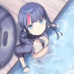  1girl bikini black_hair blue_eyes daisi_gi fate/requiem fate_(series) from_above highres hood hooded_jacket innertube jacket partially_submerged pool short_twintails smile swimsuit twintails utsumi_erice 